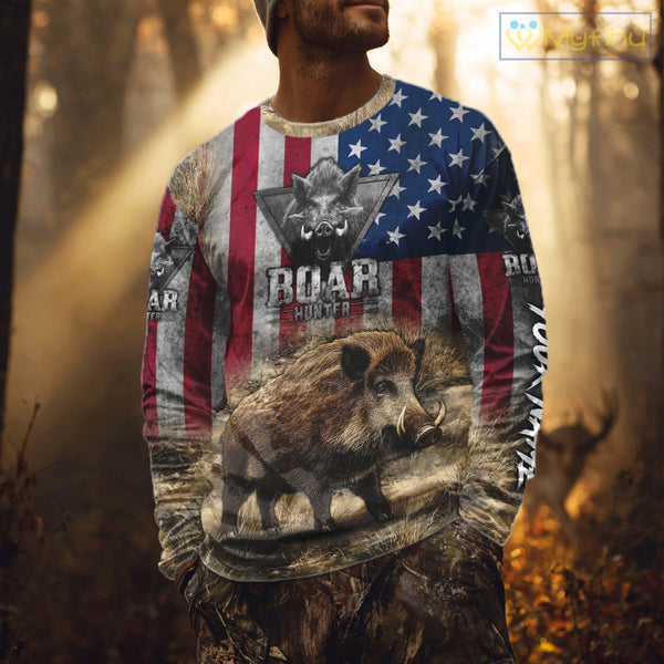 American Flag Wild Boar Camo Custom Name 3D Shirts, Boar Hunting Clothes for Hunters NBT132