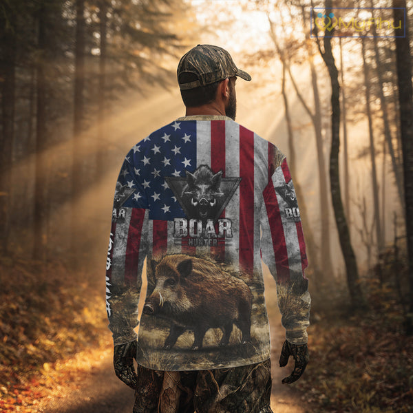 American Flag Wild Boar Camo Custom Name 3D Shirts, Boar Hunting Clothes for Hunters NBT132