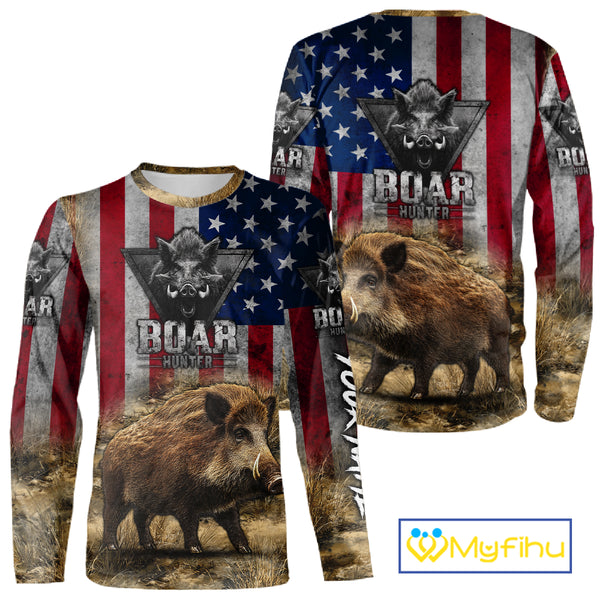 American Flag Wild Boar Camo Custom Name 3D Shirts, Boar Hunting Clothes for Hunters NBT132