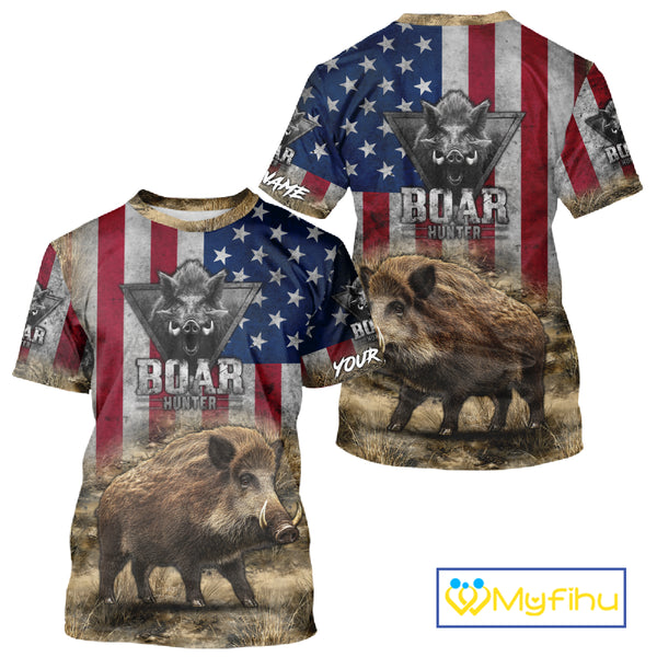 American Flag Wild Boar Camo Custom Name 3D Shirts, Boar Hunting Clothes for Hunters NBT132