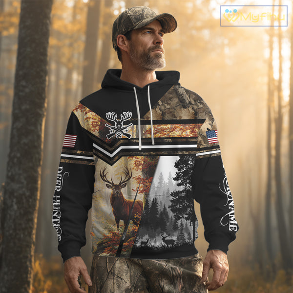 Elk Hunting Autumn Camo Custom Name American Flag - Best Gift Ideas for Hunters NBT40
