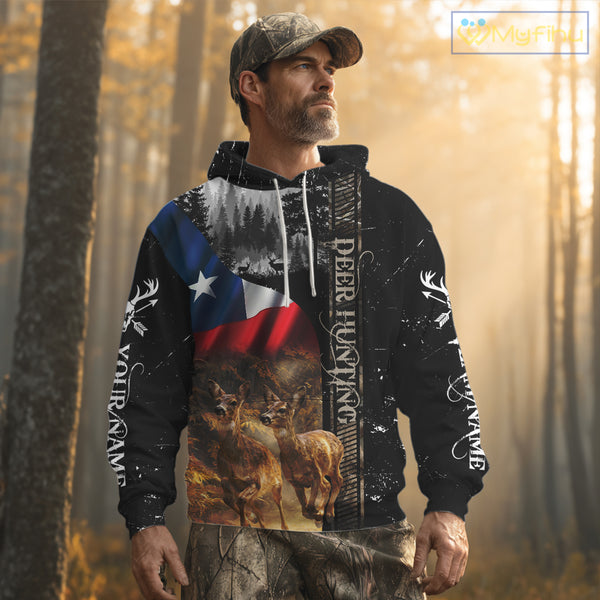 Black Deer Hunting Shirt with Texas Flag for Men - Personalized Hunting Gifts NBT48