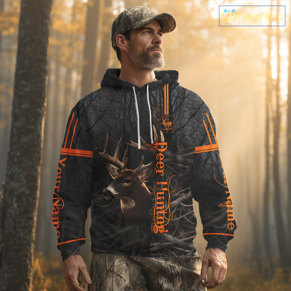 Custom Shadow Buck Black Camo Deer Hunting Shirts for Men, Deer Hunting Crew Clothes NBT54