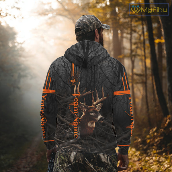 Custom Shadow Buck Black Camo Deer Hunting Shirts for Men, Deer Hunting Crew Clothes NBT54