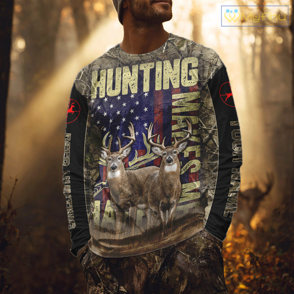 Beautiful Patriotic Camo Deer Hunting Shirt with US Flag, Hunting Outfit, Gifts for Hunters NBT58