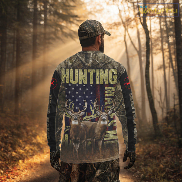 Beautiful Patriotic Camo Deer Hunting Shirt with US Flag, Hunting Outfit, Gifts for Hunters NBT58