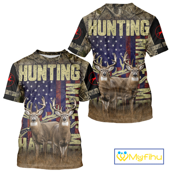 Beautiful Patriotic Camo Deer Hunting Shirt with US Flag, Hunting Outfit, Gifts for Hunters NBT58