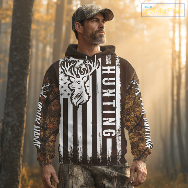 Personalized Brown Camo Deer Hunting Shirt with US Flag & Deer Buck, Hunter Gifts NBT59
