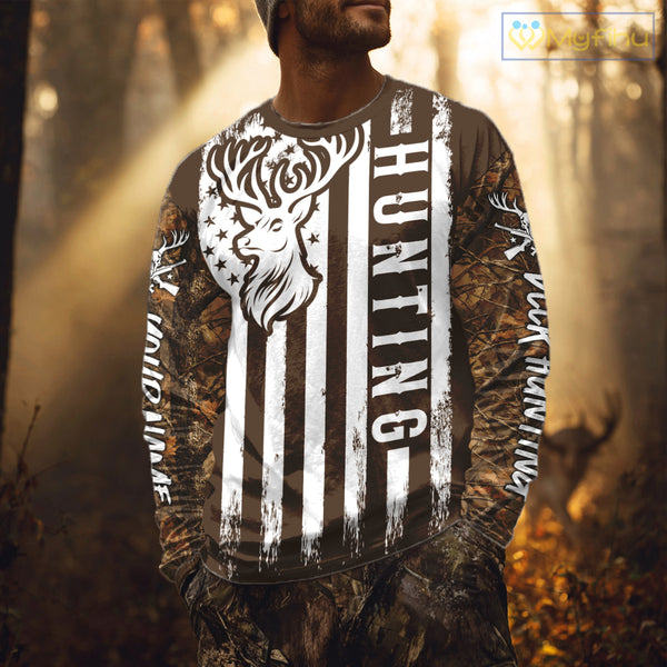 Personalized Brown Camo Deer Hunting Shirt with US Flag & Deer Buck, Hunter Gifts NBT59