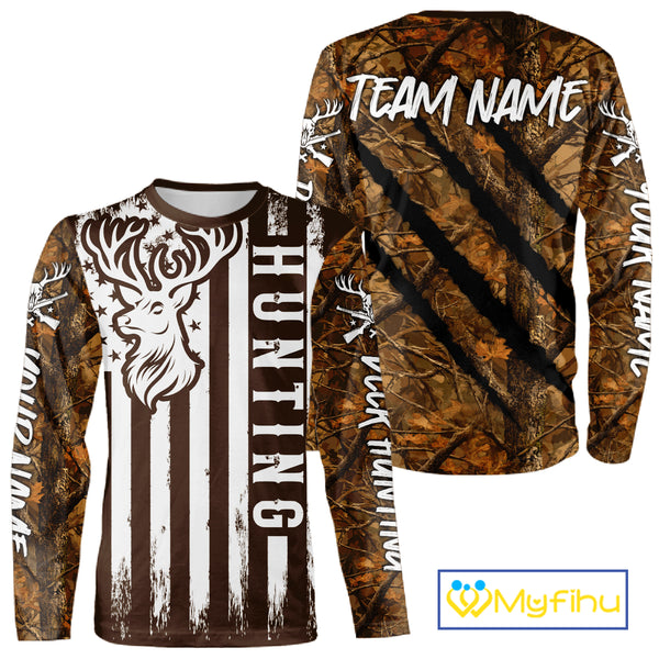 Personalized Brown Camo Deer Hunting Shirt with US Flag & Deer Buck, Hunter Gifts NBT59