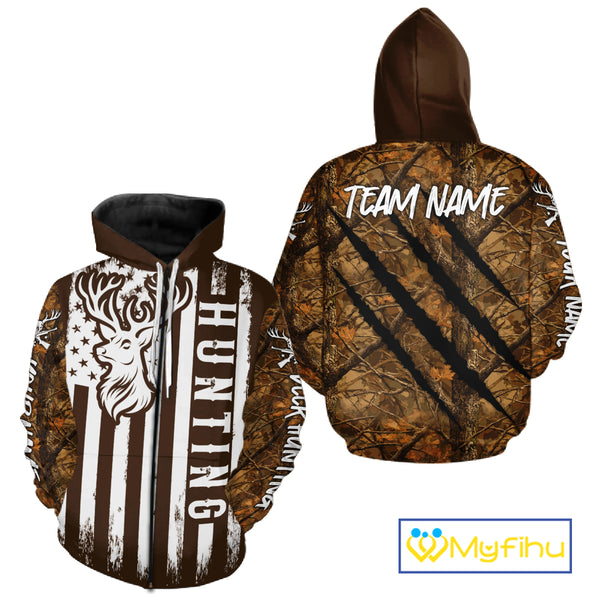 Personalized Brown Camo Deer Hunting Shirt with US Flag & Deer Buck, Hunter Gifts NBT59