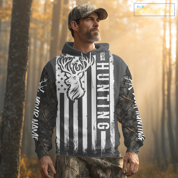 Personalized Dark Camo Deer Hunting Shirt with US Flag & Deer Buck, Hunter Gifts NBT60