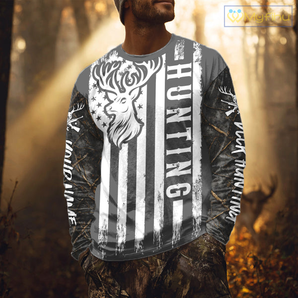 Personalized Dark Camo Deer Hunting Shirt with US Flag & Deer Buck, Hunter Gifts NBT60