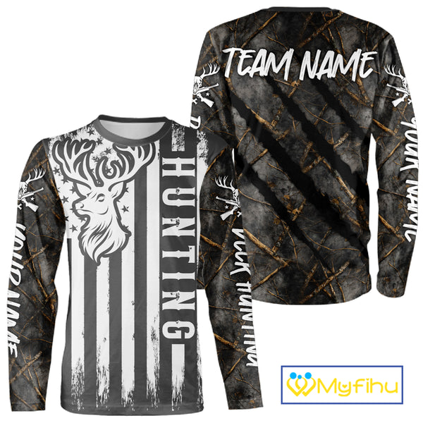 Personalized Dark Camo Deer Hunting Shirt with US Flag & Deer Buck, Hunter Gifts NBT60