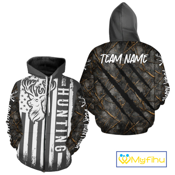 Personalized Dark Camo Deer Hunting Shirt with US Flag & Deer Buck, Hunter Gifts NBT60