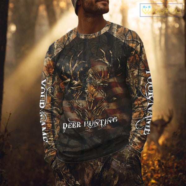 Best Deer Hunting Orange Camo with US Flag and Grim Reaper Deer Buck Shirts Hunting Gifts NBT70