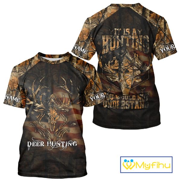 Best Deer Hunting Orange Camo with US Flag and Grim Reaper Deer Buck Shirts Hunting Gifts NBT70