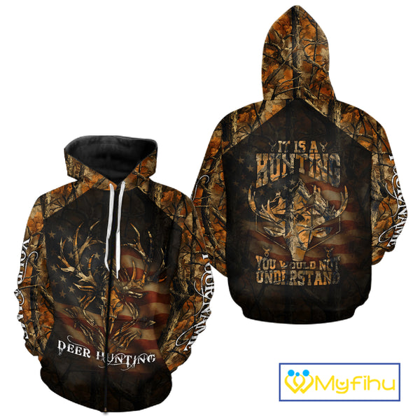 Best Deer Hunting Orange Camo with US Flag and Grim Reaper Deer Buck Shirts Hunting Gifts NBT70