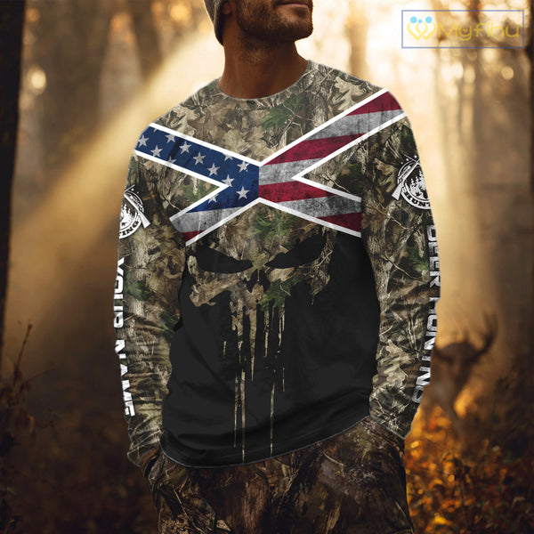 Camo Deer Hunting Shirts with US Flag, Personalized Deer Hunting Shirt, Hunting Gifts for Men NBT95