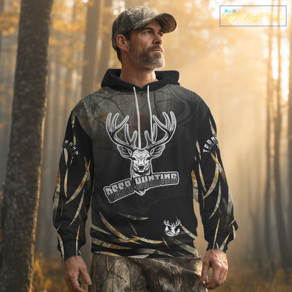 Deer Hunting Black Camo Custom Name Long Sleeve, Hoodie Shirt NBT03