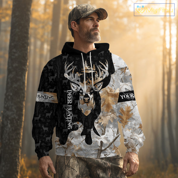 Snowfall Deer Hunting Hoodie, Longsleeves Shirt – Winter Camo Custom Name for Big Game Hunters NBT33