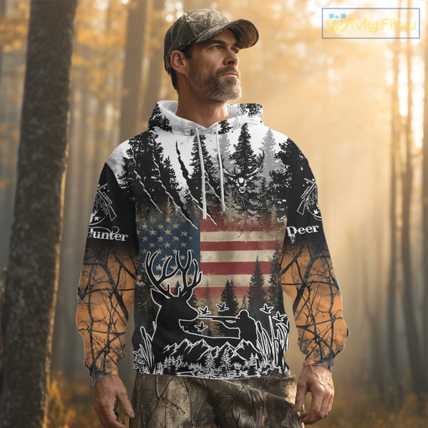Best Deer Hunting Shirt with US Flag & Orange Camo for Hunters, Perfect Hunter Gifts NBT16