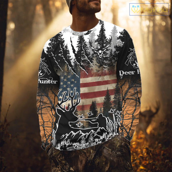 Best Deer Hunting Shirt with US Flag & Orange Camo for Hunters, Perfect Hunter Gifts NBT16