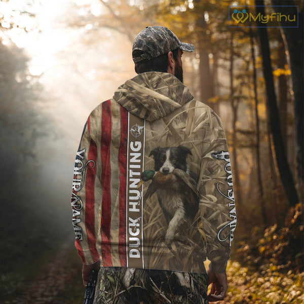 Border Collies Duck Hunting Waterfowl Camo US Flag Shirts, Custom Name Shirts, Hunting Gifts NBT96