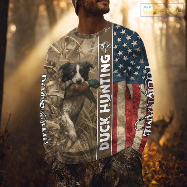 Border Collies Duck Hunting Waterfowl Camo US Flag Shirts, Custom Name Shirts, Hunting Gifts NBT96