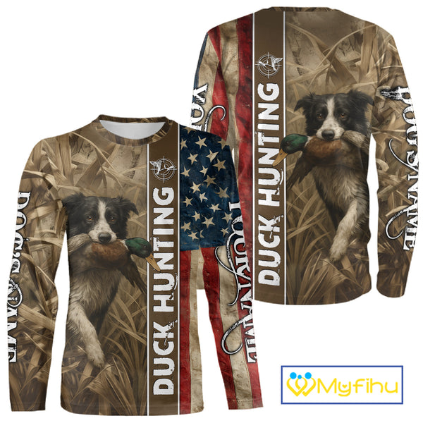 Border Collies Duck Hunting Waterfowl Camo US Flag Shirts, Custom Name Shirts, Hunting Gifts NBT96