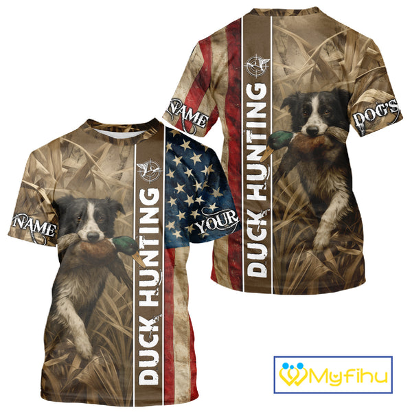 Border Collies Duck Hunting Waterfowl Camo US Flag Shirts, Custom Name Shirts, Hunting Gifts NBT96