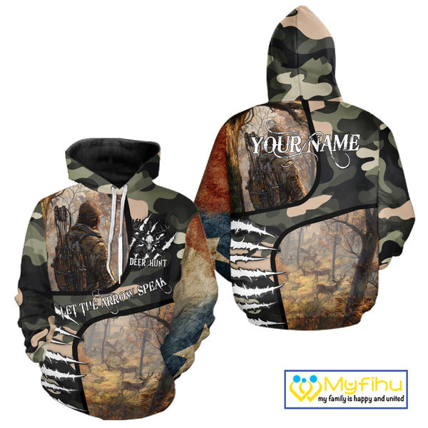 Camouflage Bow Hunting Custom Name Hoodie, Longsleeve Shirt, Perfect for Elk Season NBT08