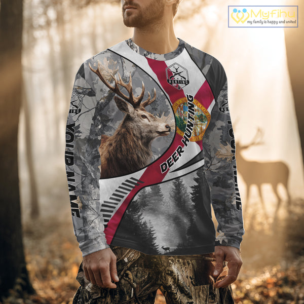 Florida Flag Grey Camo Elk Hunting Hoodie, Longsleeve Shirt - Personalized Gift for Hunters NBT17