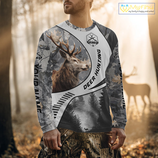Grey Camo Elk Hunting Shirt for Men – Big Buck Design, Personalized Hunter Gift NBT18