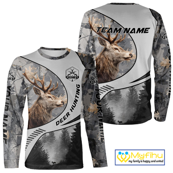 Grey Camo Elk Hunting Shirt for Men – Big Buck Design, Personalized Hunter Gift NBT18