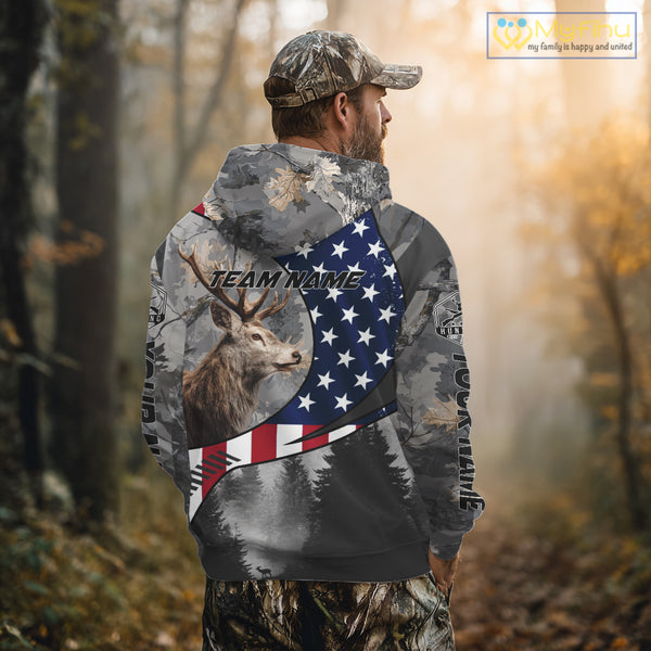 American Flag Grey Camo Deer Hunting Shirt - Personalized Gift for Hunters NBT19