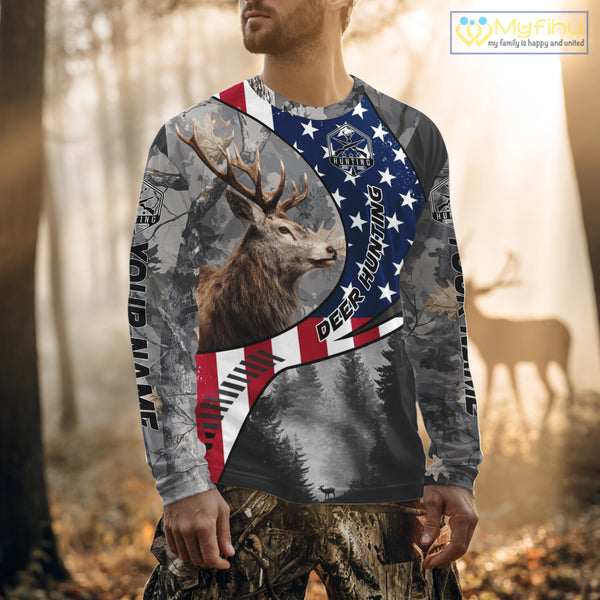 American Flag Grey Camo Deer Hunting Shirt - Personalized Gift for Hunters NBT19