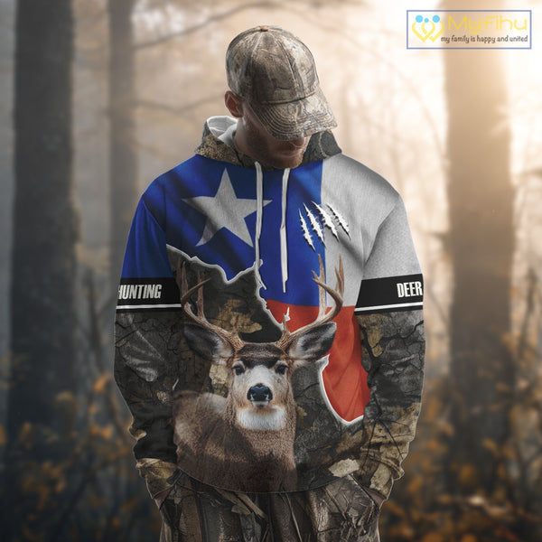 Deer Hunting Camo Texas Flag 3D All Over Print Shirts for Deer Hunter, Hunting Gifts for Men NBT23