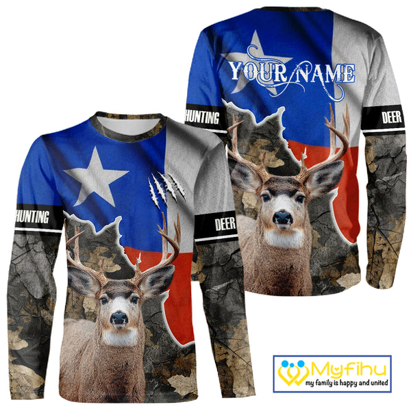 Deer Hunting Camo Texas Flag 3D All Over Print Shirts for Deer Hunter, Hunting Gifts for Men NBT23