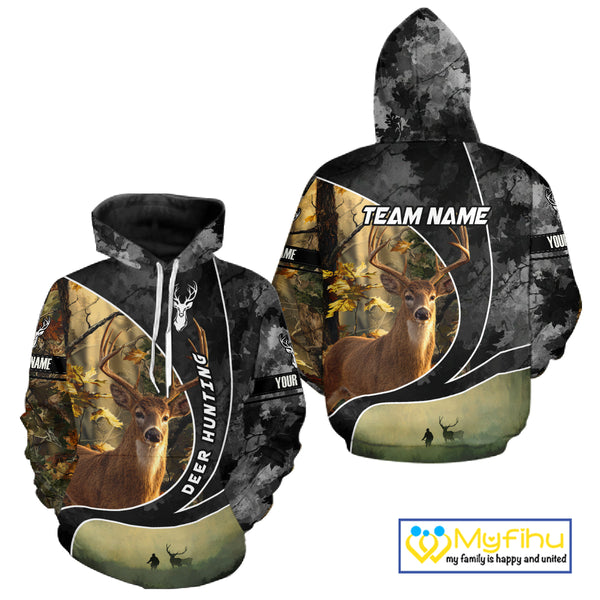 Personalized Deer Hunting Hoodie, Longsleeve Shirt – Whitetail Buck, Fall Camo, Gifts for Men NBT27