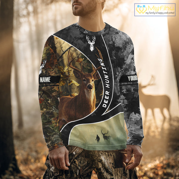 Personalized Deer Hunting Hoodie, Longsleeve Shirt – Whitetail Buck, Fall Camo, Gifts for Men NBT27