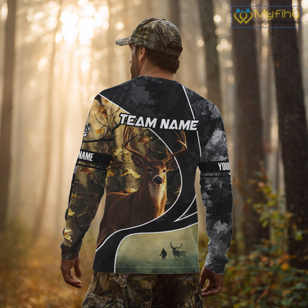 Personalized Deer Hunting Hoodie, Longsleeve Shirt – Whitetail Buck, Fall Camo, Gifts for Men NBT27