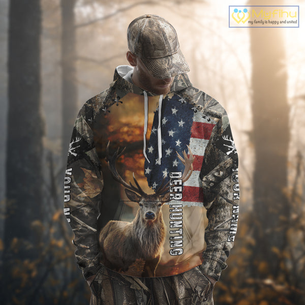 American Flag Camouflage Red Deer Hunting Shirts – Custom Name Hunting Clothes for Men NBT39
