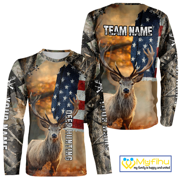 American Flag Camouflage Red Deer Hunting Shirts – Custom Name Hunting Clothes for Men NBT39