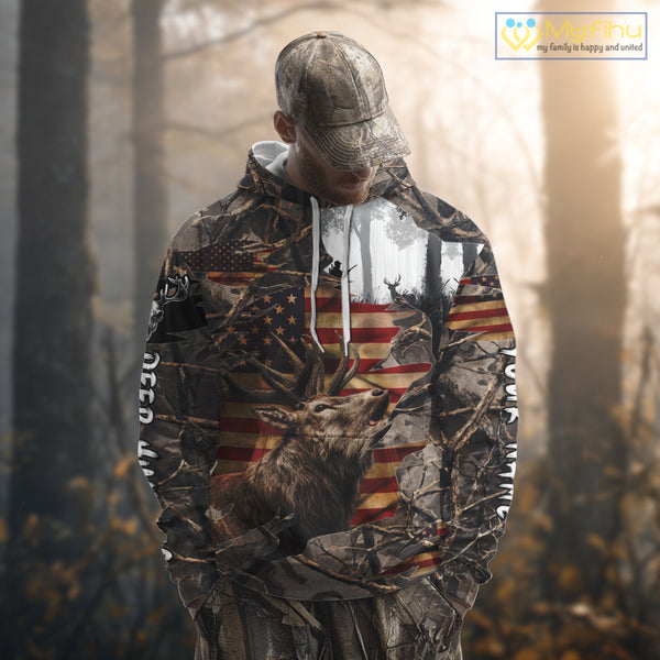 Best Elk Hunting Camo Shirt with Big Buck and US Flag – Hunting Apparel for Men, Hunter Gifts NBT51