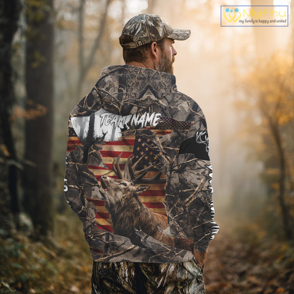 Best Elk Hunting Camo Shirt with Big Buck and US Flag – Hunting Apparel for Men, Hunter Gifts NBT51