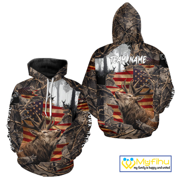 Best Elk Hunting Camo Shirt with Big Buck and US Flag – Hunting Apparel for Men, Hunter Gifts NBT51