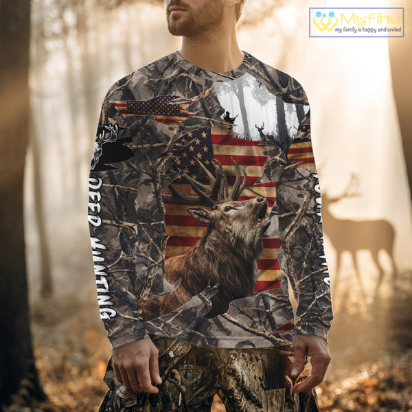 Best Elk Hunting Camo Shirt with Big Buck and US Flag – Hunting Apparel for Men, Hunter Gifts NBT51