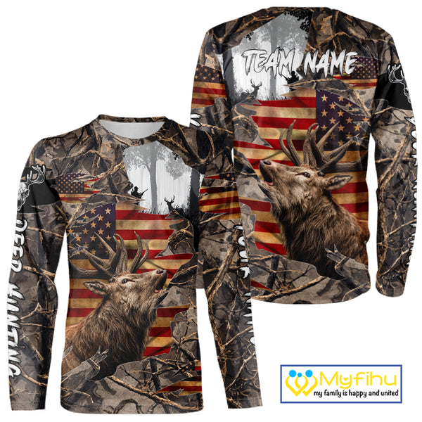 Best Elk Hunting Camo Shirt with Big Buck and US Flag – Hunting Apparel for Men, Hunter Gifts NBT51