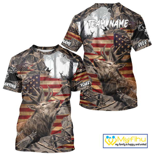 Best Elk Hunting Camo Shirt with Big Buck and US Flag – Hunting Apparel for Men, Hunter Gifts NBT51